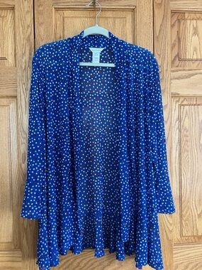 Women’s Multiples brand Blue Polka Dot Open Front Ruffle Cardigan, Size 2X, NWT